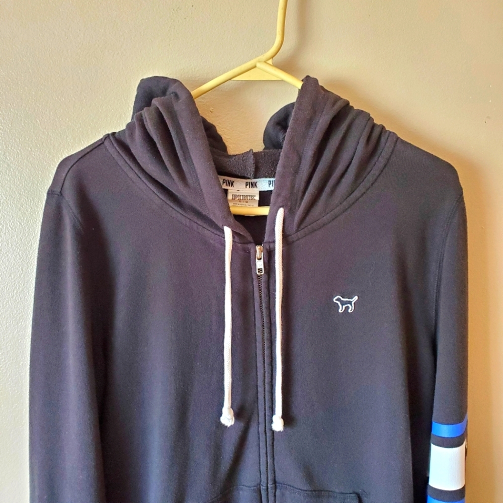 Victoria Secret PINK Womens L Black Fleece Full Zip Drawstring Hooded Jacket - Picture 2 of 9